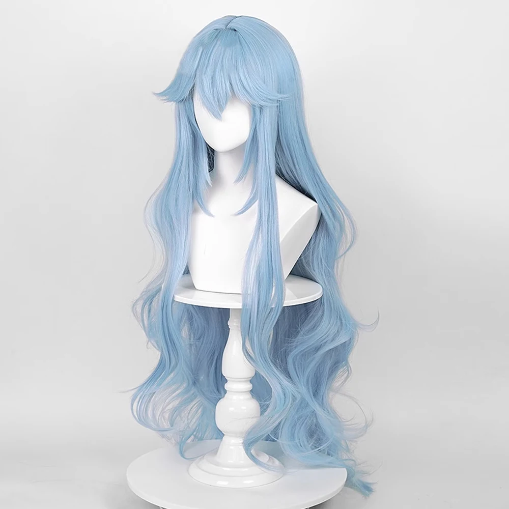 Lange gewellte synthetische blaue Damenperücke mit Pony, flauschiges Anime-Spiel, Cosplay, hitzebeständige Perücke für die tägliche Party – Detail 4