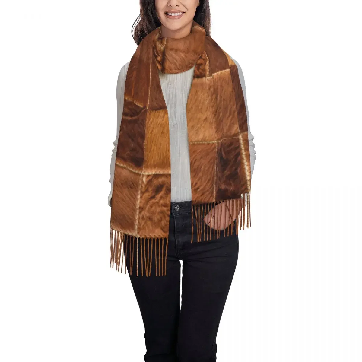 Customized Print Brown Checkered Cowhide Patche Scarf Men Women Winter Warm Scarves Animal Fur Leather Texture Shawl Wrap