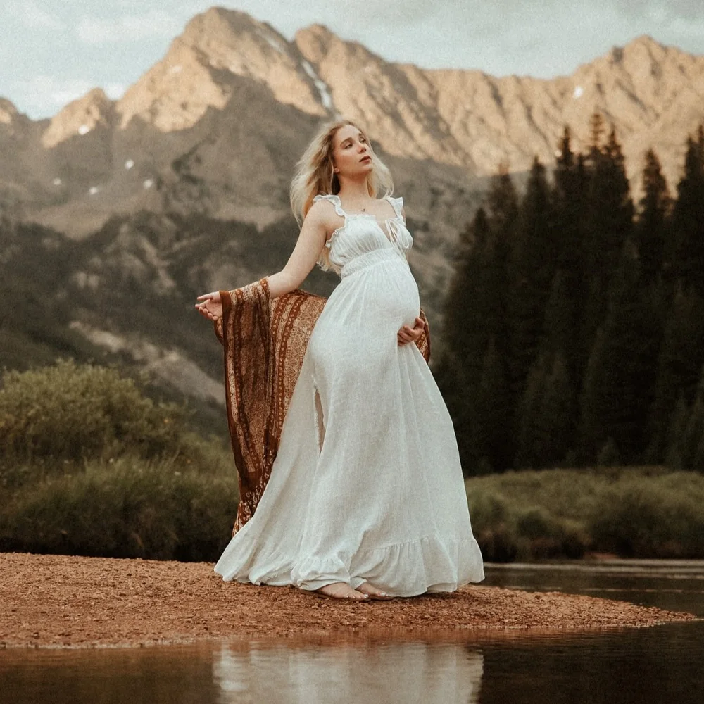 

Baby Showers Dress Soft Linen Cotton Lace Sleeve One Neck Pleated Dress Photo Shoot Photography Dress For Women