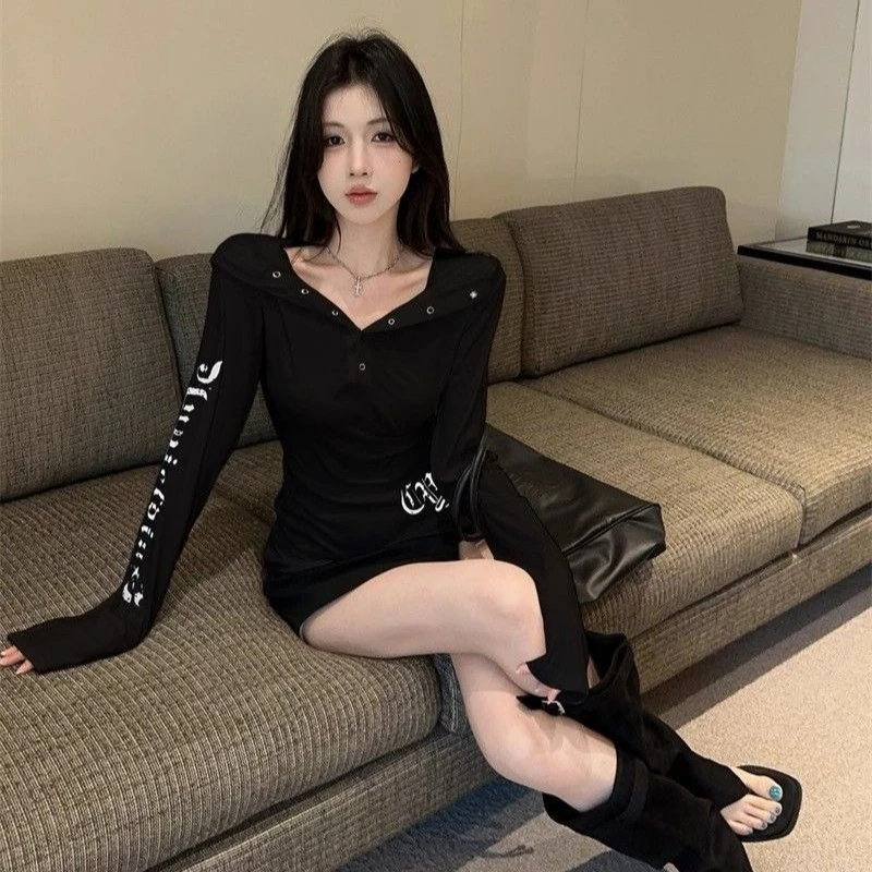 Y2k Gothic Aesthetic Hooded Sweatshirt Long Sleeve Hoodie Women's Grunge Slim T-Shirt Trendy Vintage Harajuku Hoodies Tshirt