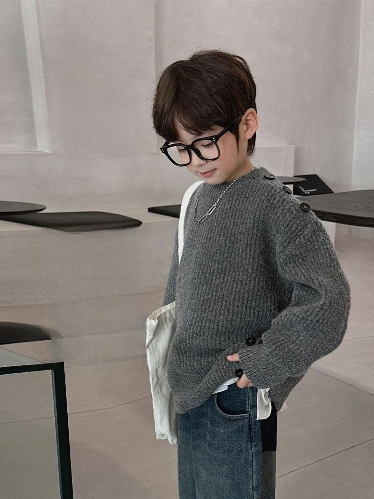 2-11Y 2025 Autumn New Boys Korean Sweater Fashionable Casual Daily Solid Color All-match Thicken Warm Knitwear