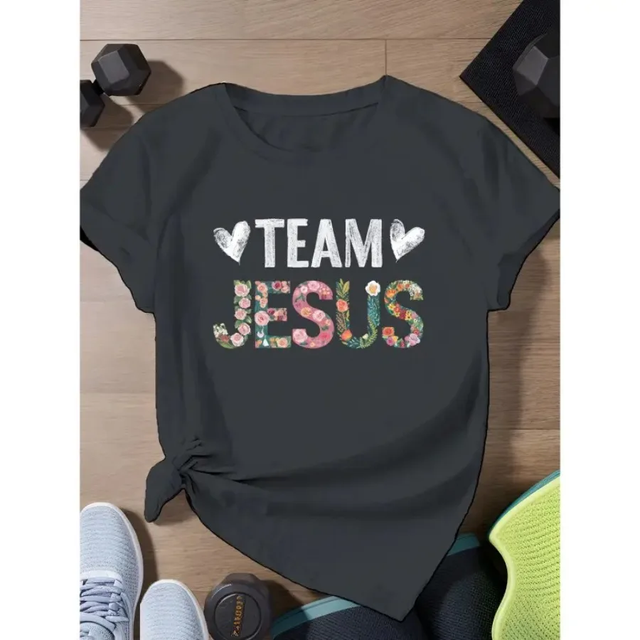 【New style】TEAM JESUS floral letters Women's Plus Size Sports Short Sleeve T-Shirt
