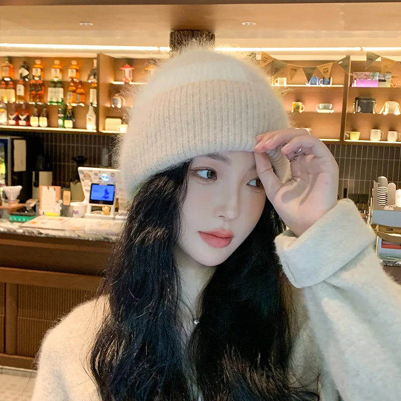 Fashion Cap Hugger Toque Head Stocking Watch Knitted large-Head Rabbit Pullover Hat Women Autumn winter Plush warm Woolen B4M80