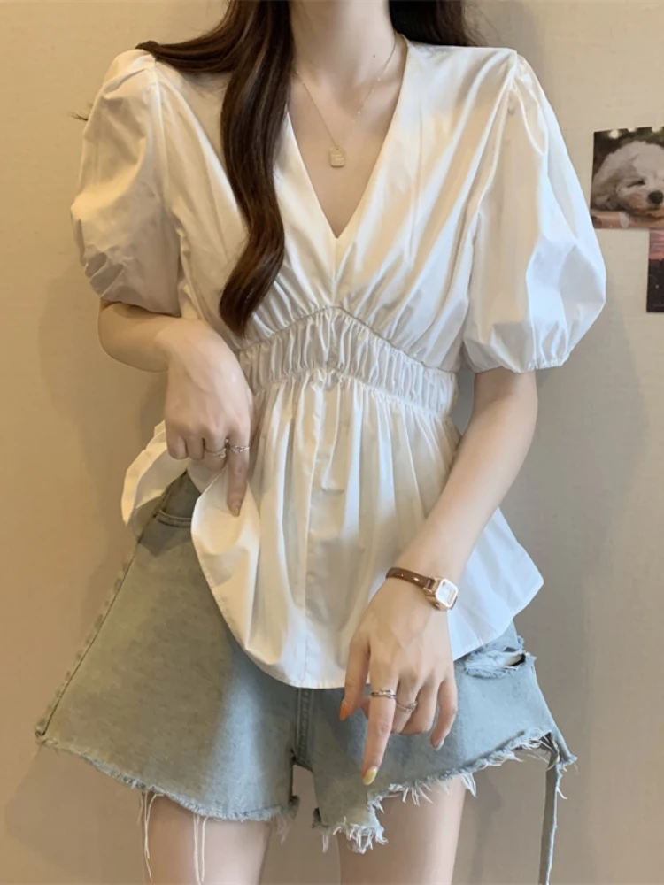 Slimming V-Neck Bubble Sleeve Short Sleeve Base Shirt Women's Summer Fashion plus Size Waist-Cinching Belly-Covering Top