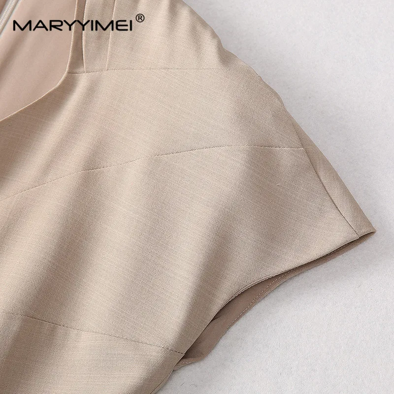MARYYIMEI Summer New Style Women's Dress V-Neck Raglan Sleeve High waist Button Solid Color Commuter Dresses image 4