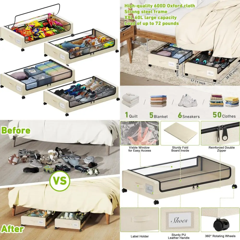 

XXL 60L Rolling Underbed Storage Bins with Lids, Label & Wheels for Clothes, Shoes, Books, and Toys (4-Pack Beige)