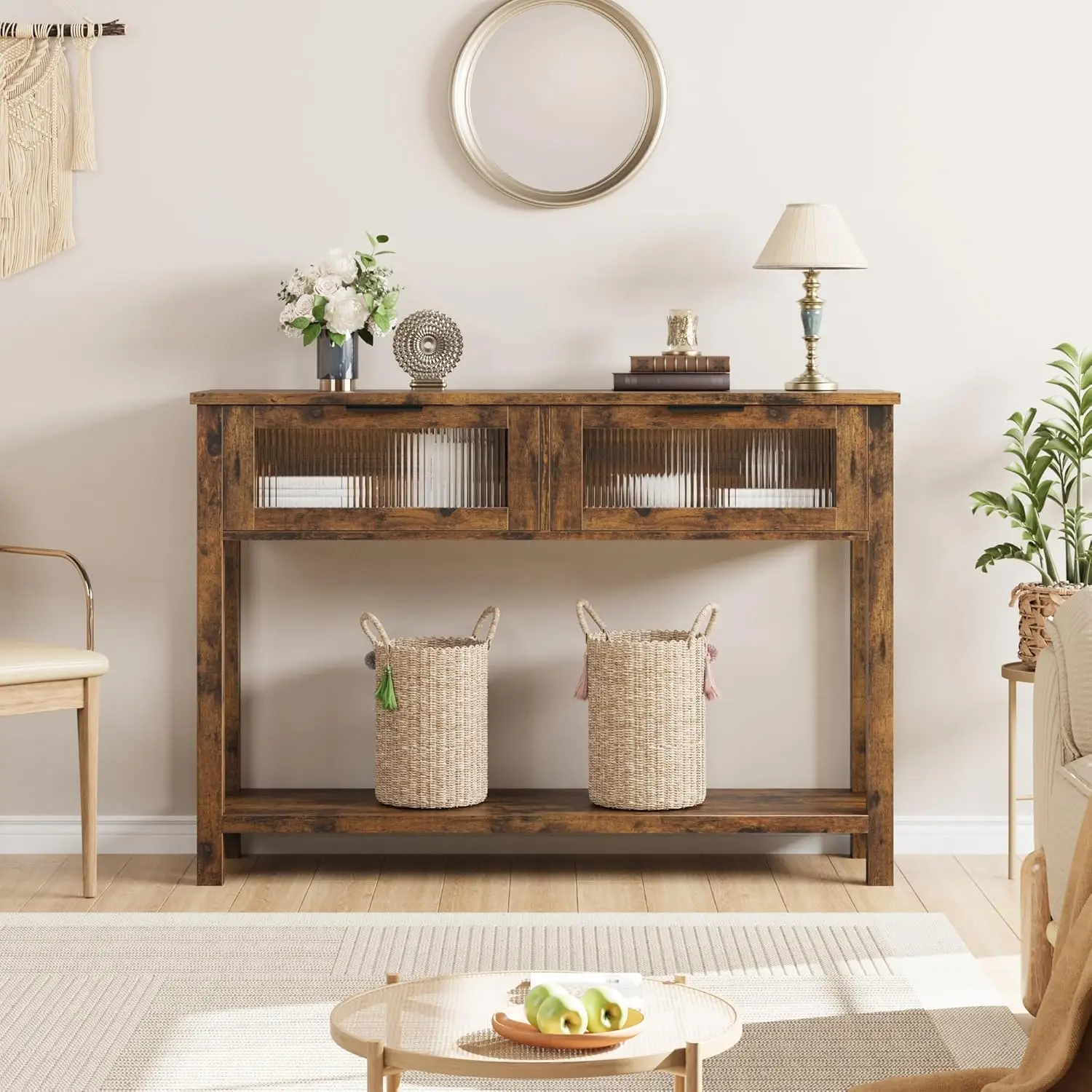 Consoletafel, slanke entreetafel met 2 laden en open plank, boerderijhouten salontafel met open en verborgen opbergruimte, voor woonkamer, entree, hal, 80 × 110 × 30 cm, bruin