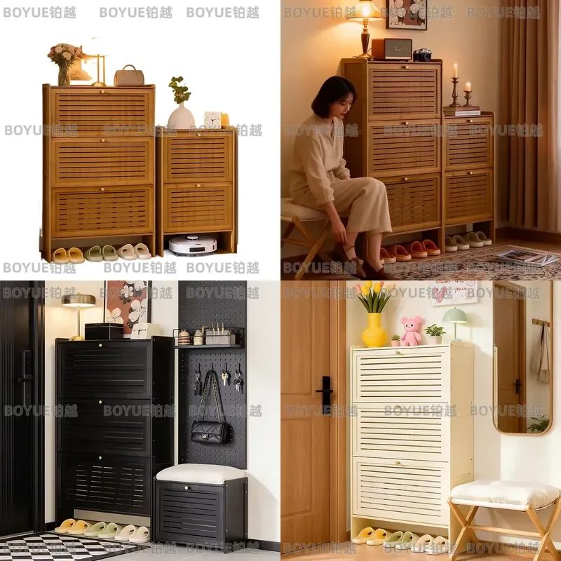 Ultra Thin Wooden Shoe Cabinet Modern Multi Layer Flip Door Bamboo Louvered Wall Storage Rack Space Saving Entryway Organizer