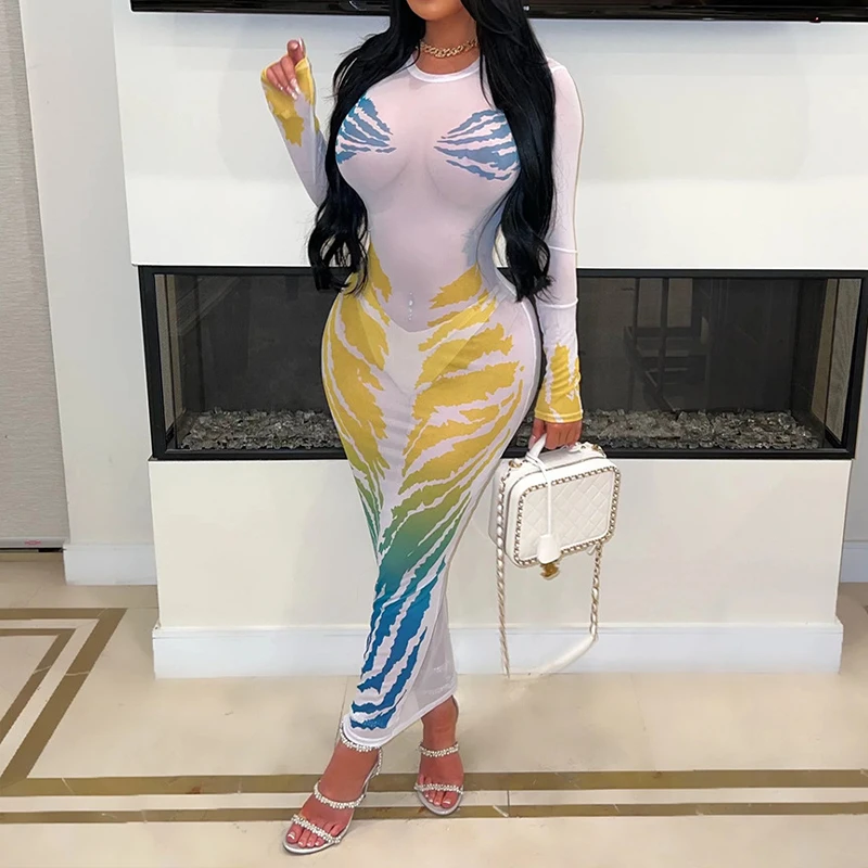 OMSJ 2024 Summer Nightclub Party Tiger Stripe Printing Fashion Sexy Ladies Perspective Long-sleeve Tight Fit Pullover Maxi Dress