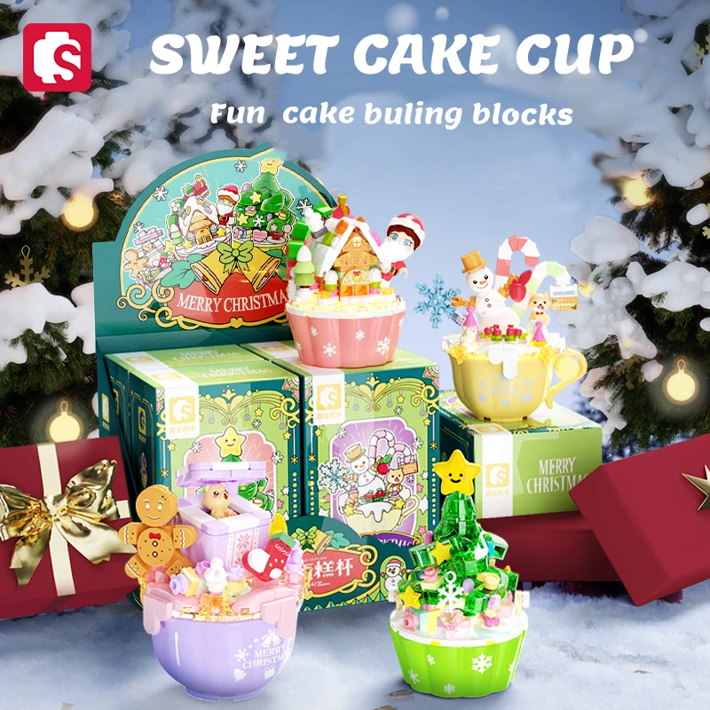 SEMBO Mini Christmas Tree Snowman Gingerbread House Cake Cup Light Building Blocks Home Decoration Bricks Toys For Girls Gifts