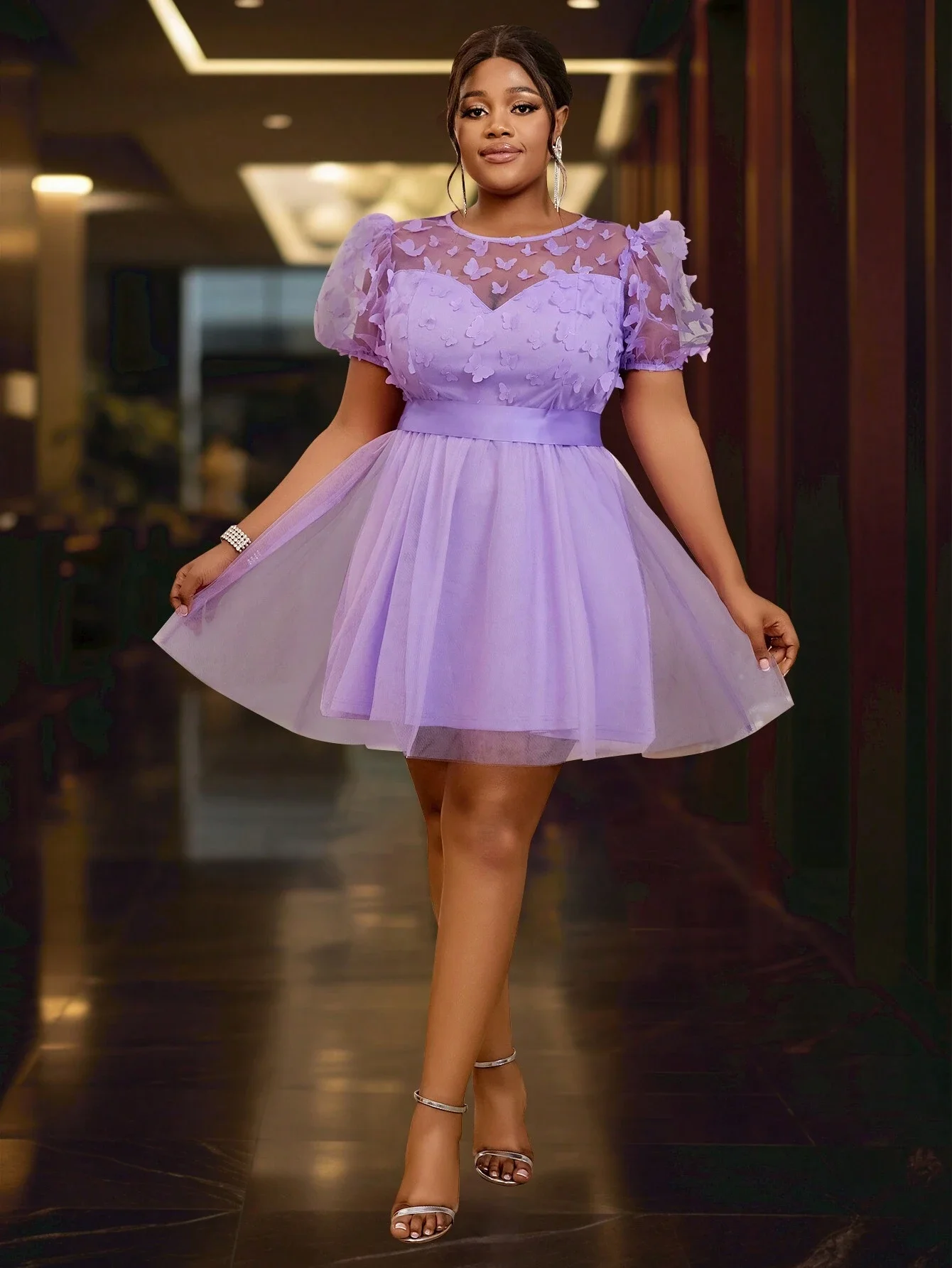 

Платье А-силуэта с короткими рукавами и 3D-бабочками из сетки для полных женщин, для коктейльных вечеринок, полупринципуальных мероприятий и свадебных торжеств