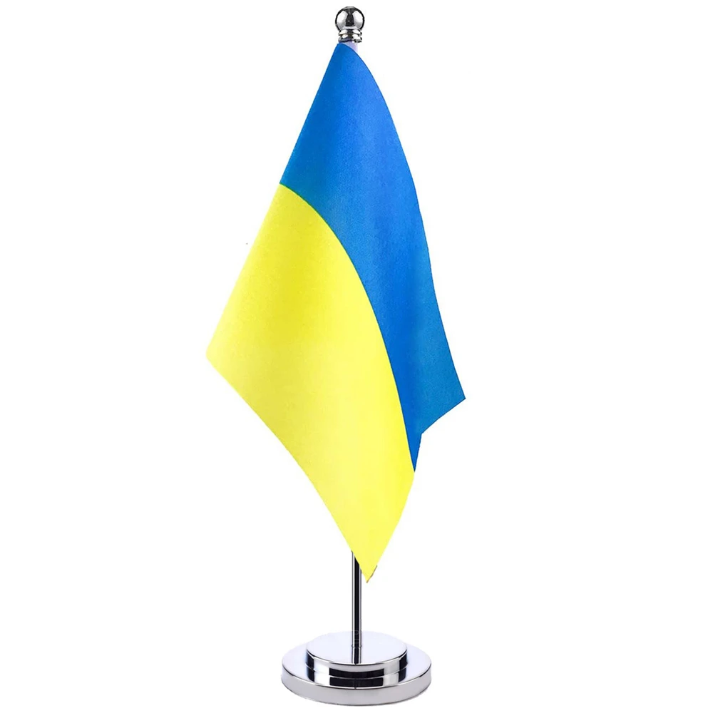 

14x21cm Mini Ukraine Flag Meeting Boardroom Business Talk Table Standing Stainless Steel Pole The Ukrainian National Banner