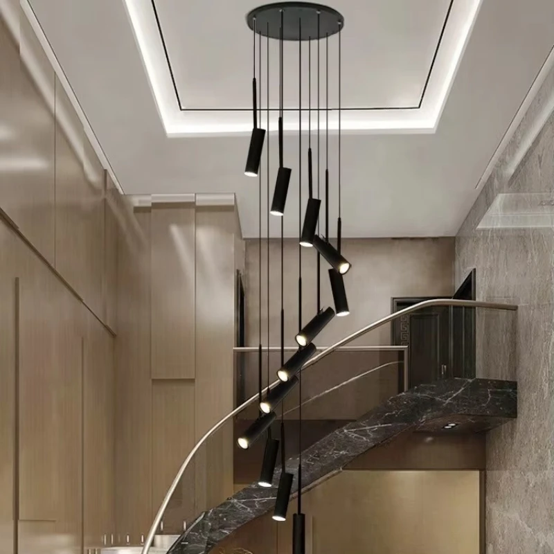 

Nordic Led Cylindrical Spotlight Pendant Lamp Dimmable for Table Dining Room Black White Minimalist Staircase Long Chandelier