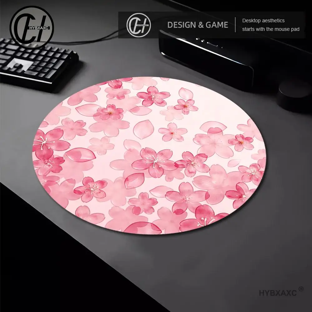 HYBXAXC Round Sakura Mouse Pad - Non-Slip Rubber Base, Portable Desk Mat Suitable for Office and Home, Durable Cute Pink Design