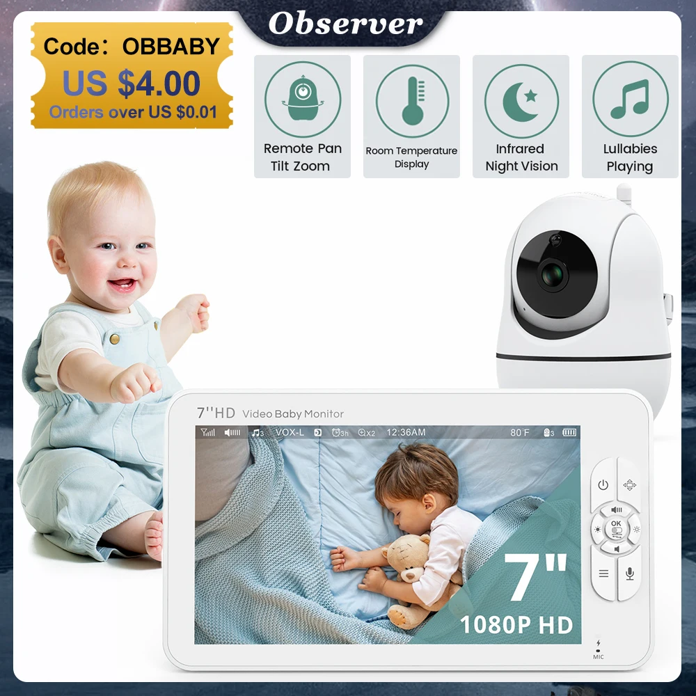 7 Inch Video Baby Monitor With Camera PTZ 4X Zoom Babyphone Cam 4000mAh Security Protection Surveillance Cam Temperature Sensor