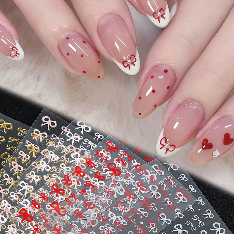 

Bow nail stickers, trending on Instagram, black, white, gold, and silver bow designs, Japanese minimalist style, adhesive backin