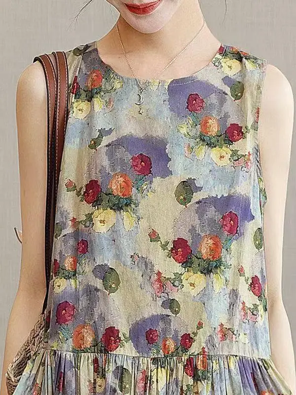 Sweet Floral Print Vest Dr Women's A-Line  Dr Retro Sle Summer New Arrival Korean Version Youthful Reduction