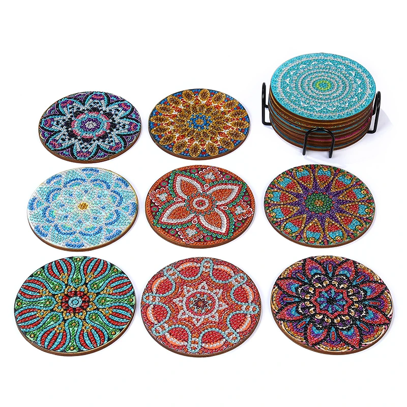 8 Pcs Mandala Diy Diamond Painting Coasters Rhinestone Embroidery Coasters Coasters With Stand Table Coasters