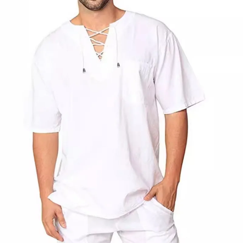 New Style Men's Short Sleeved T-shirt for Summer Foreign Trade, Cotton and Linen Tie Up Collar, Casual Men's T-shirt Shirt