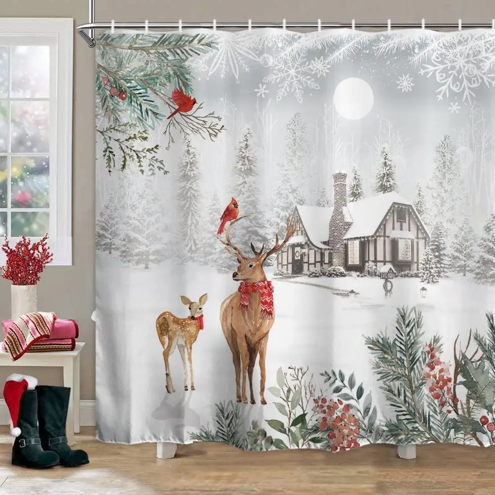 Winter Christmas Shower Curtain Xmas Pine Tree Cardinal Deer Nature Forest White Snowy Scenery Farmhouse Bathroom Fabric New