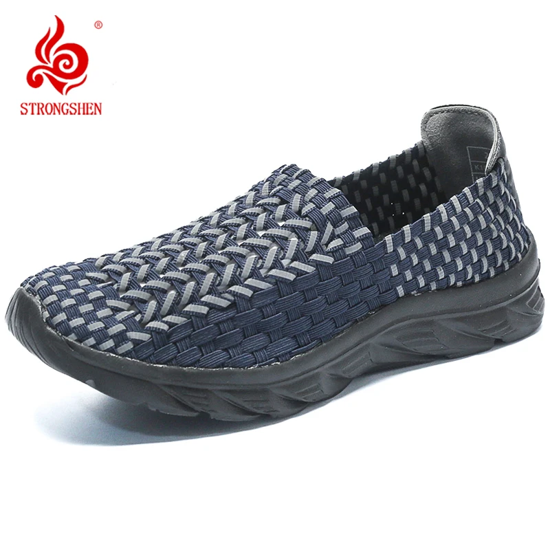 STRONGSHEN Summer Men Handmade Shoes Casual Shoes Breathable Flats Shallow Woven Walking Shoes Slip On Loafers Zapatos De Mujer