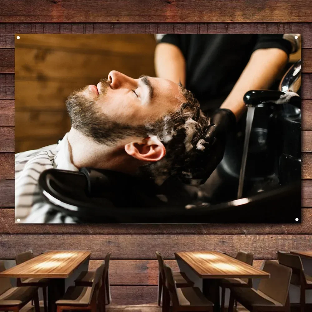 Hairstyling Barber Shop Wall Decor Art Tapestry Hair washing service Poster & Print Wall Hanging Flag Polyester Digital Printing