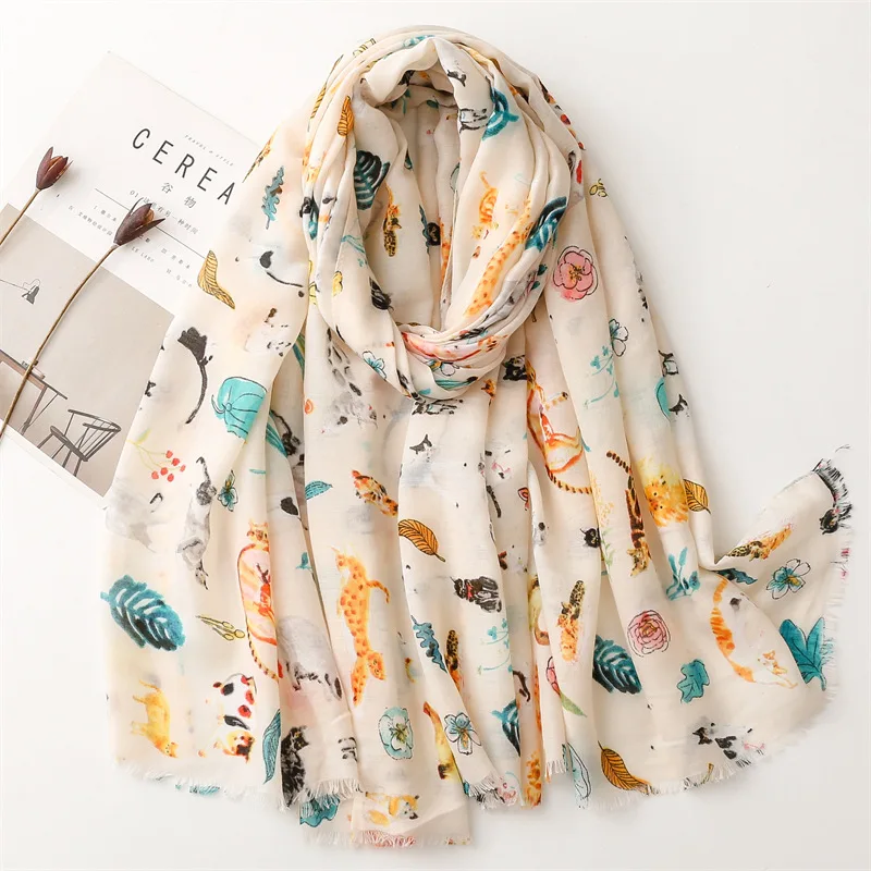 

2023 Spring Women Cute Cat Pattern Fringe Shawls Scarf Long Flower Print Foulard Soft Wrap Hijab 4 Color Free Shipping