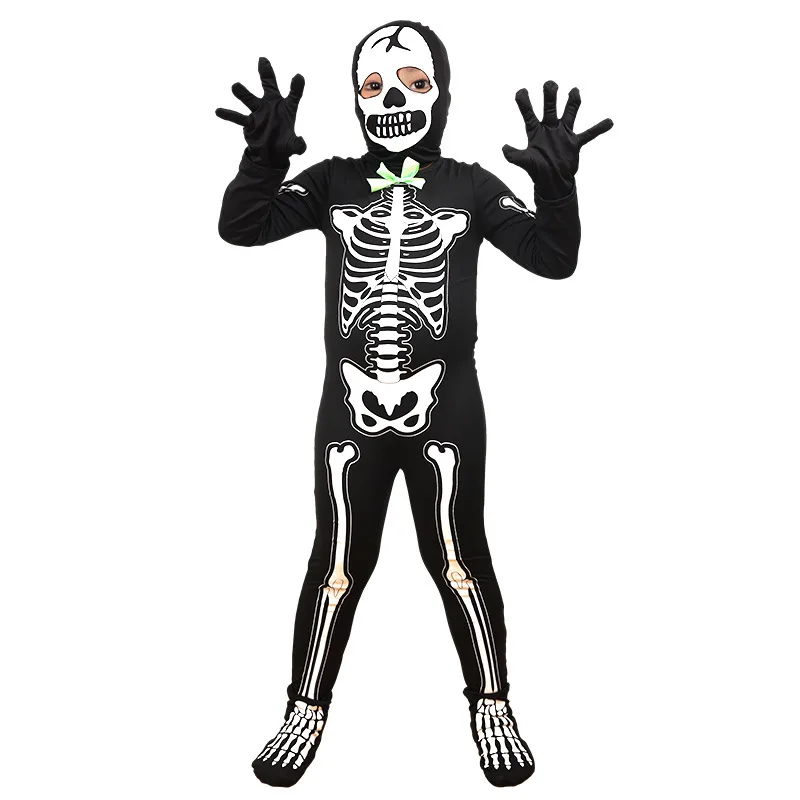 Ropa de Cosplay de Halloween para niños, disfraz de esqueleto luminoso negro para trajes de verano, ropa para niños