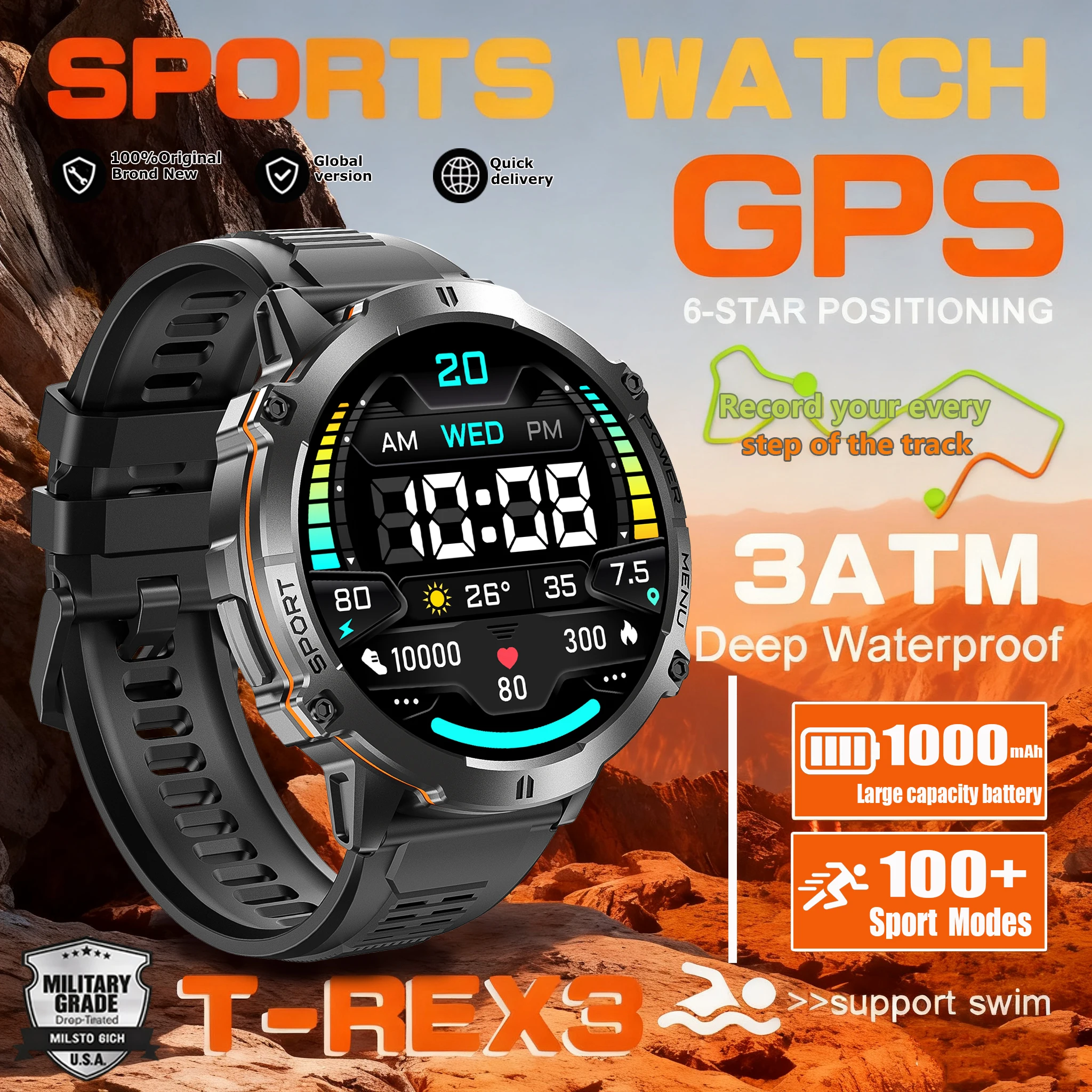 

2025 New Military T-Rex 3 Bluetooth Call Smart Watch GPS Compass Barometric Altimeter 10ATM Waterproof Sports Smartwatches Men