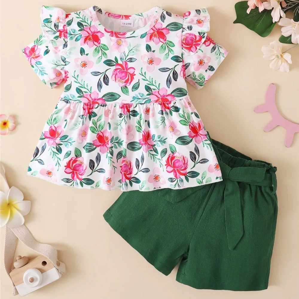 2PCS Child Girl Clothes Set Flower Print Short Sleeve Top+Shorts with Bow Summer Fashion Cute Daily Wear for Kid Girl 1-5 Years