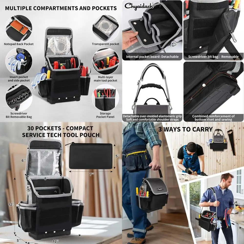 

Сумка для инструментов электрика на 30 карманов, усиленная, с жестким дном и плечевым ремнем, для обслуживания систем ОВКВ, электрики и сантехники