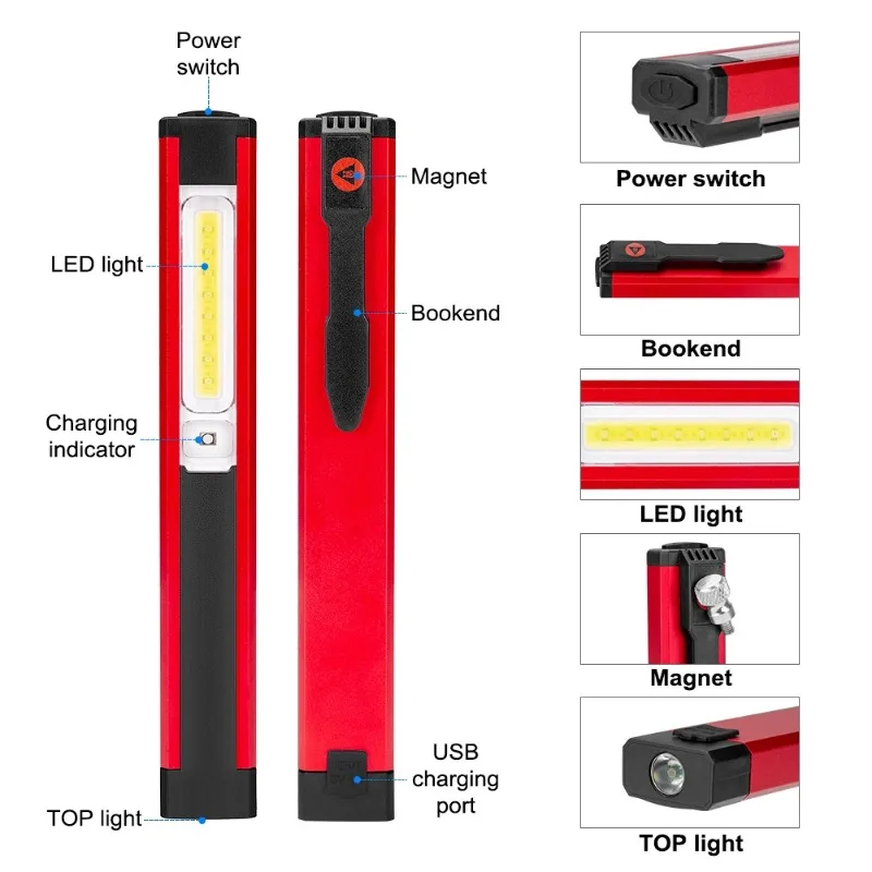 Portable 5 Mode COB LED Flashlight Magnetic Work Lamp USB Rechargeable Inspection Light with Red / White Light for Camping