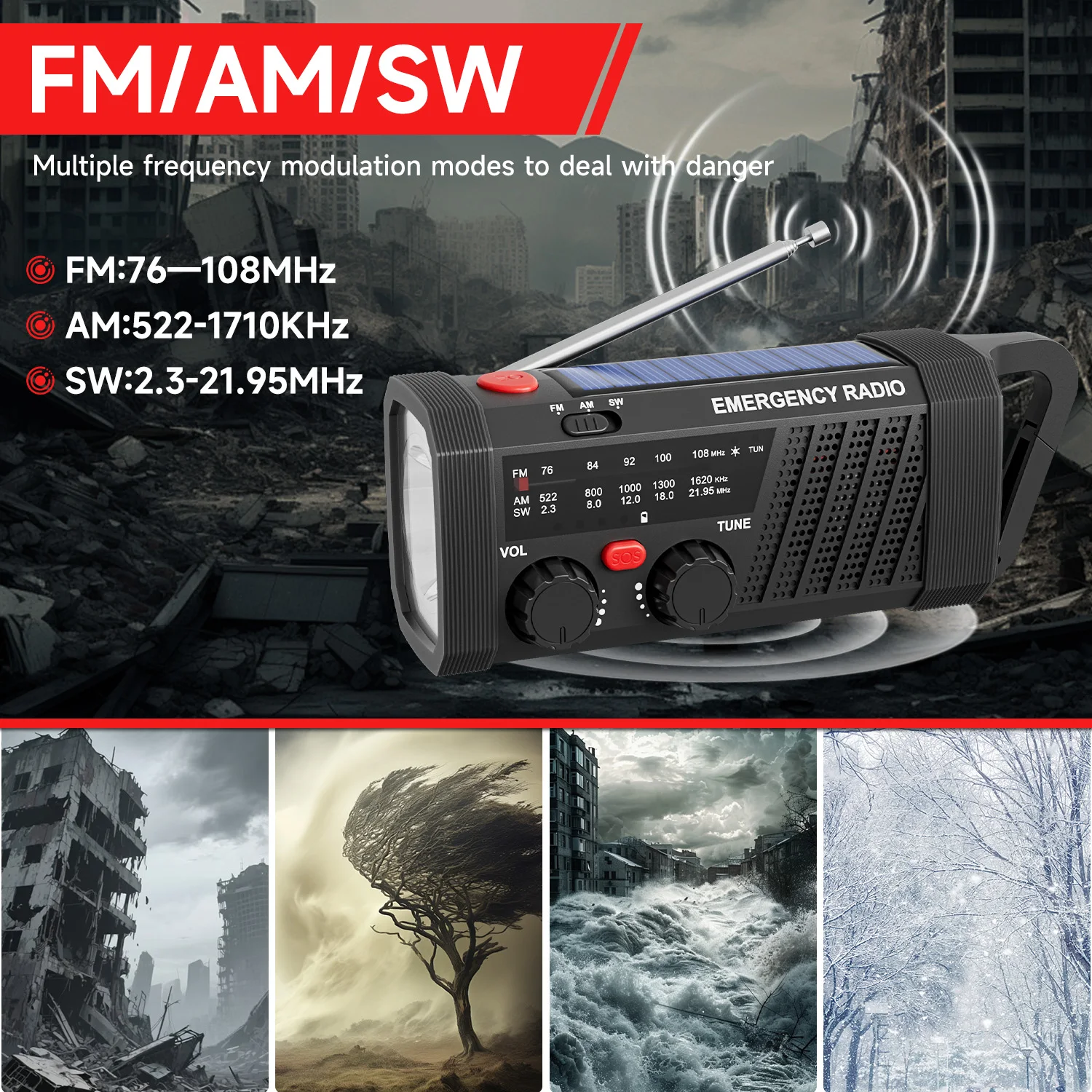 Emergency Radio with SOS Alarm, AM/FM/SW & Flashlight. 2000mAh Battery & Solar/Hand Crank Charging for Outdoor Survival.black