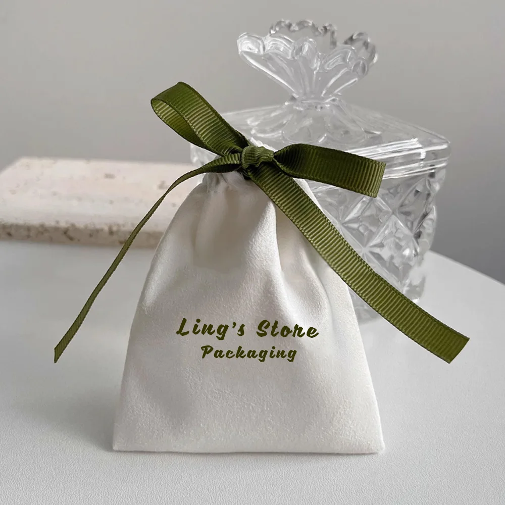 50/100Pcs Lovely Personalized Logo White Flannel Bag Suede Velvet Gift Packaging Pouches Customized Print Pocket Wedding Favors