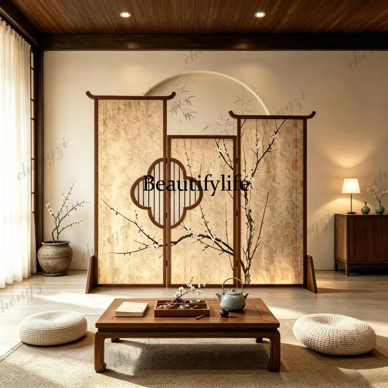 H134 plum blossom seat screen living room tea room partition solid wood folding screen decoration
