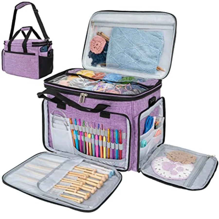 

Large Knitting Bag Yarn Storage Tote for Crocheting Knitter Heather Purple Crochet Organizer with Storage Pockets Project Bag f