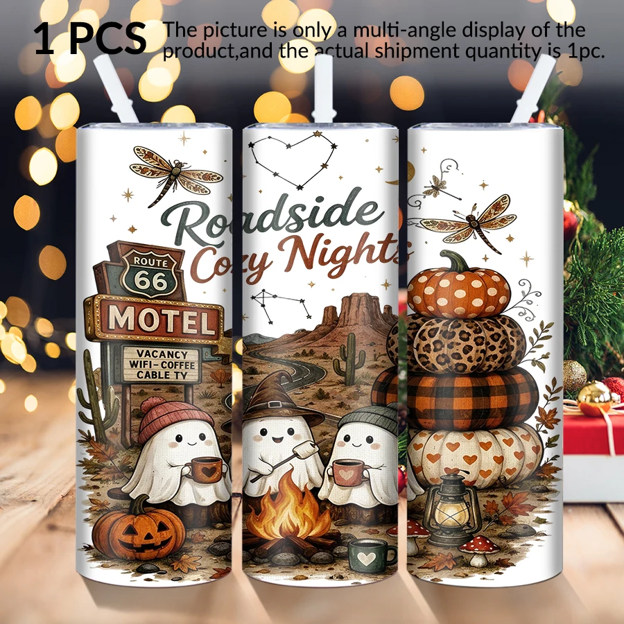 1pc 20Oz stainless steel straight cup with straw cover Christmas ghost elements suitable for Christmas and Halloween as gifts.