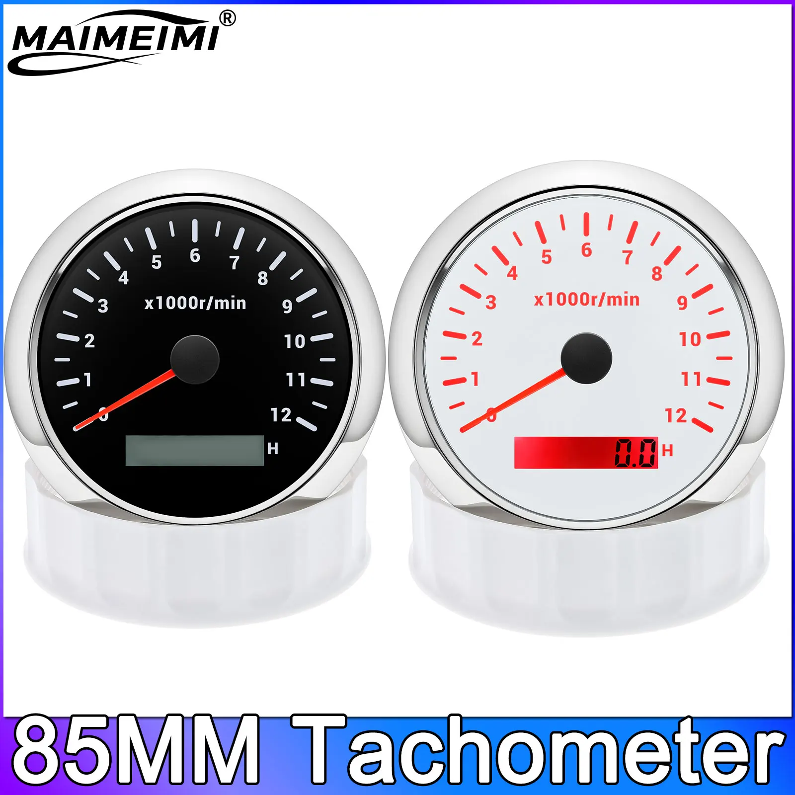 85mm Tachometer 12000 r/min Tacho Gauge with Digital Hourmeter Red Backlight Universal For Car Boat Tacho RPM Meter
