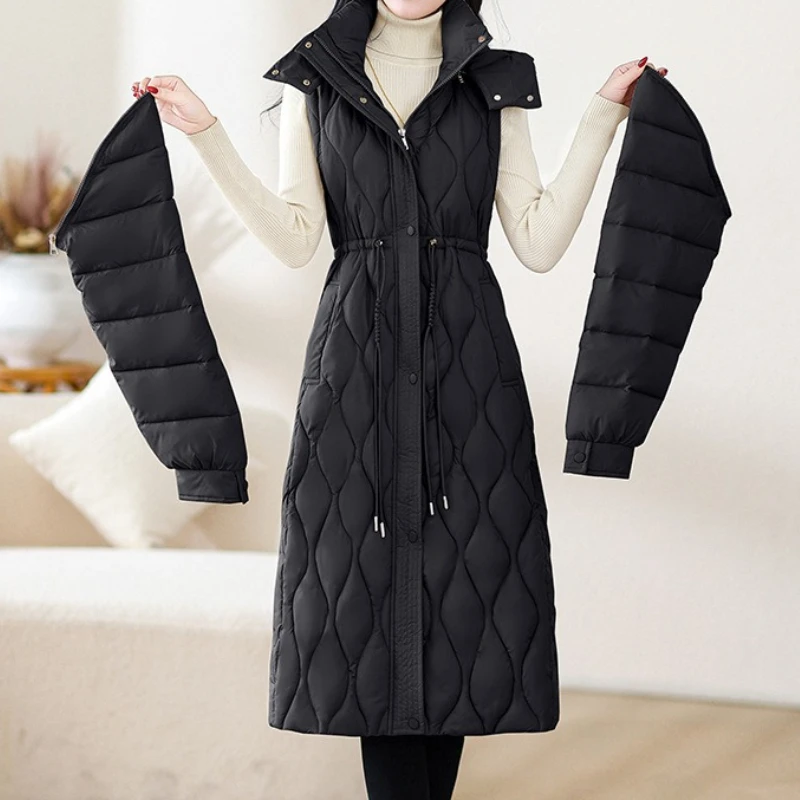 Long Quilted Coat Detachable Hood Winter Warm Thick Padded Jacket Slim Over Knee Long Outerwear Elegant Women's Classic Parkas