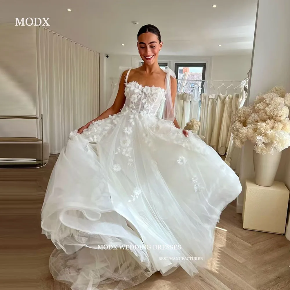 MODX White Lace Wedding Dress 3d Flower Spaghetti Strap Sheer European And American Women Formal Party Bridal Dress Customized