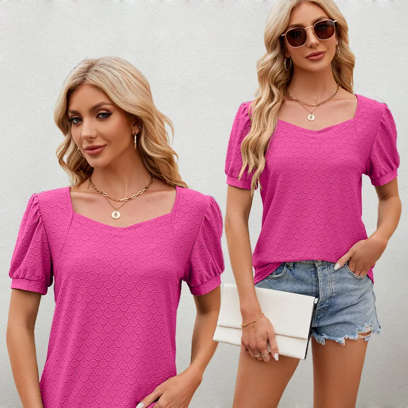 New Solid Color V-neck Bubble Sleeve Short Sleeved Loose T-shirt Top for Women