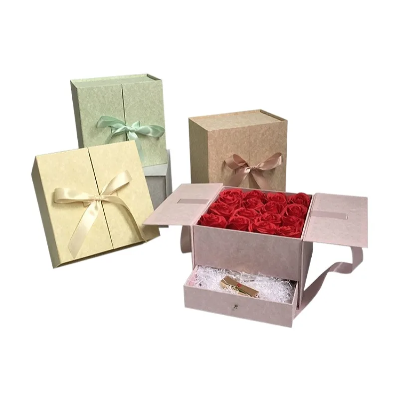 

Double Door Cardboard Gift Box With Drawer Ribbon Bow Flower Jewelry Cosmetics Gifts Paper Packaging Carton Wedding Festival Box