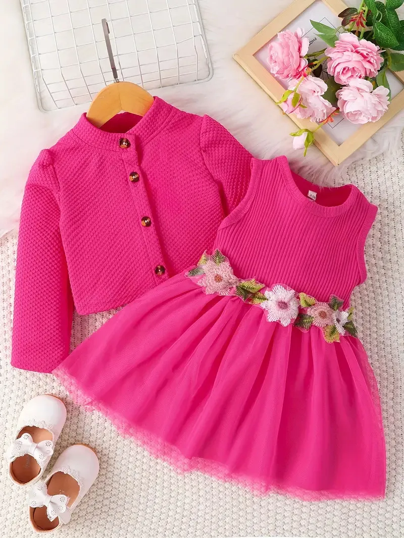 3-24M Baby Dresses Pink Coat With Embroidery Flower Dress For Girls Spring Fall Toddler Dress Kids Baby Girls Clothes