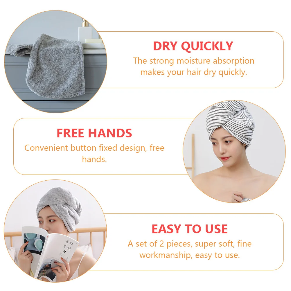 

2pcs Absorbent Wrap Drying Hat Quick Dry Towel For Women Soft Bath Hair Wrap Cap Absorbent Hat Gift Grey