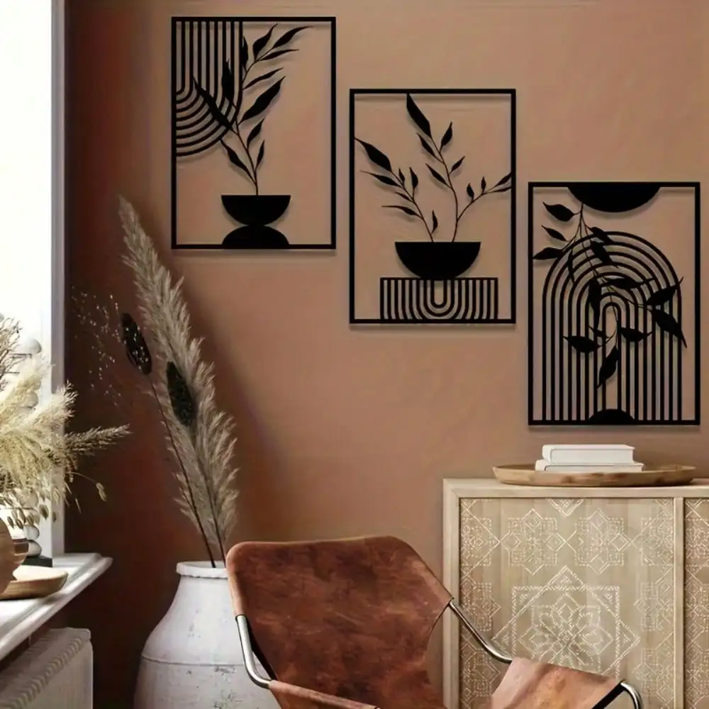 Décoration murale en métal noir, ensemble de 3 pièces, design abstrait moderne, lignes abstraites, fer antirouille, pour chambre à coucher, salon, intérieur et extérieur