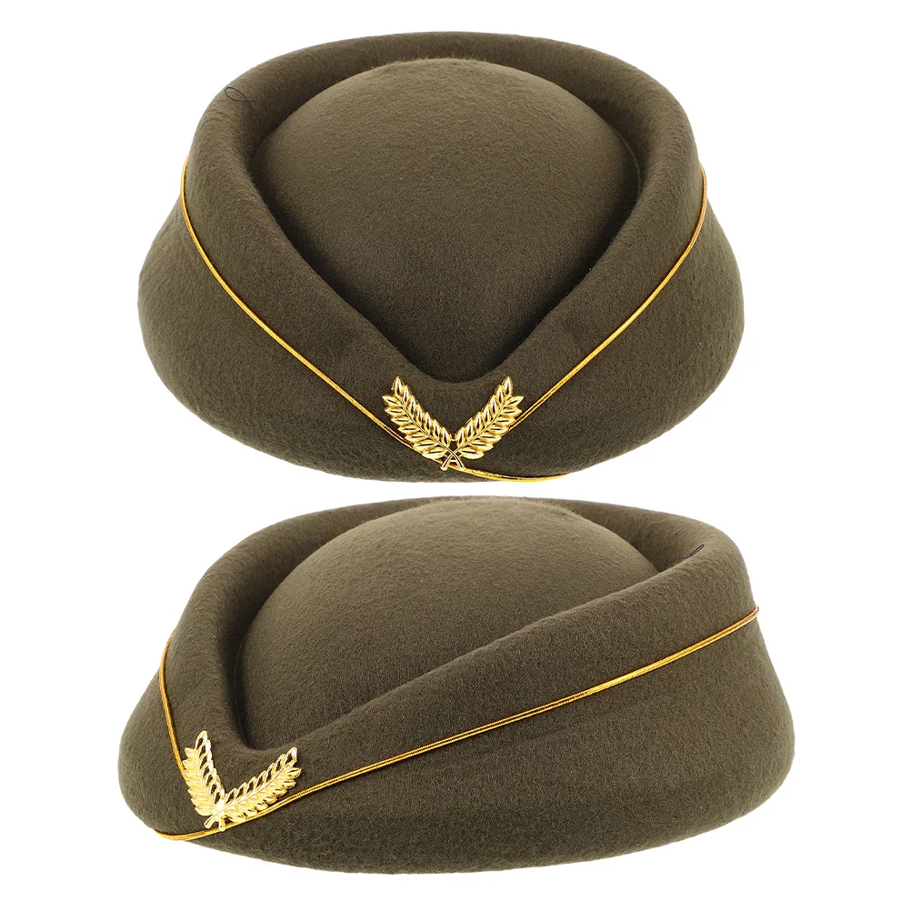 

2pcs Wool Beret Hat For Women Flight Attendant Costume Cap Sturdy Acrylic Felt Uniform Accessory Halloween Dress-Up Party