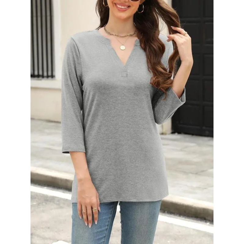 حجم كبير بلوزة نسائية عادية جديدة فضفاضة تناسب الخامس الرقبة 3/4 كم تي شيرت بلون البلوزات النسائية