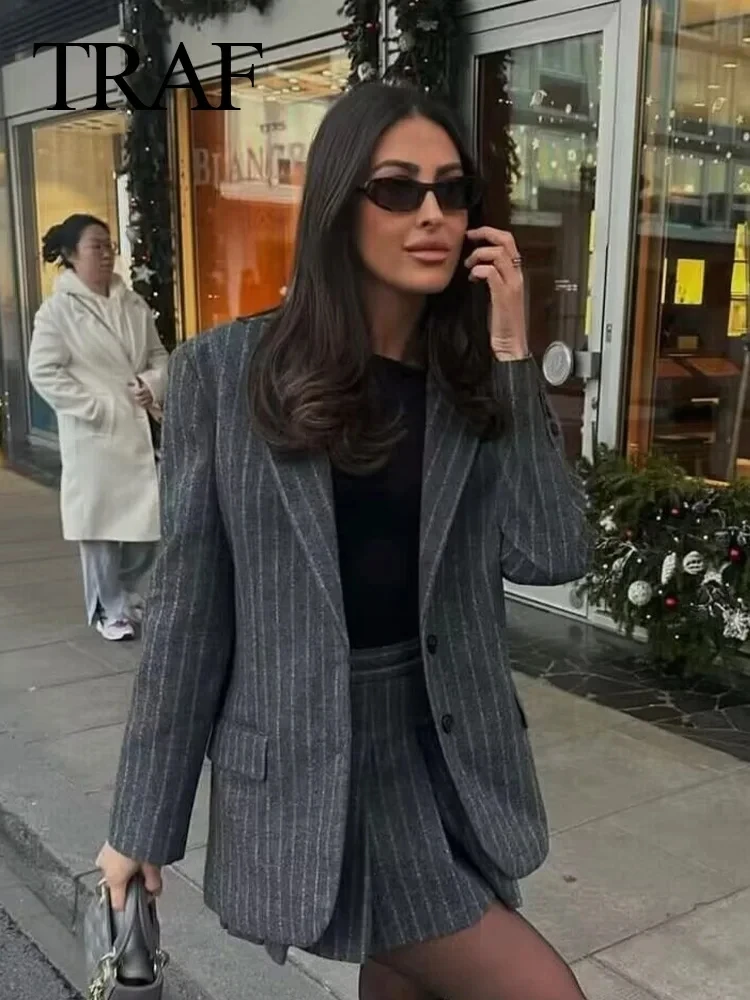 TRAF 2024 Spring Women Fashion Grey 2 Piece Sets Woman Pinstripes Pockets Slim Blazer Coat + Zipper Versatile Female Mini Skirts