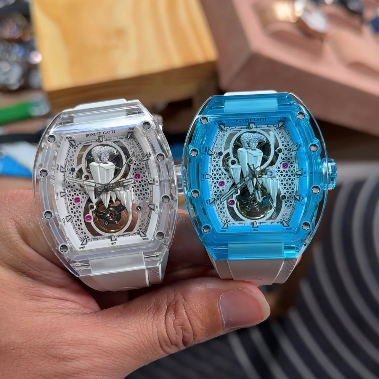 BONEST GATTI Men Automatic Watch Tonneau Mechanical Wristwatch Crystal Case Sapphire Luminous Fluororubber Strap Polar Bear Dial