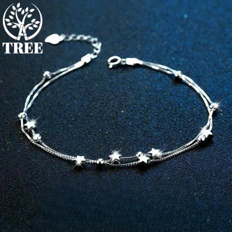 ALITREE 925 Sterling Silver Bead Chain Bracelets For Women Sweet Double Layer Beautiful Stars Bracelets Original Jewelry Gifts